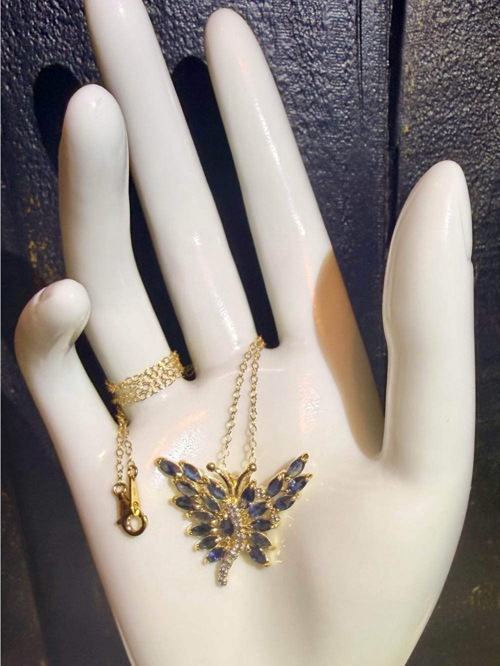 Natural Sapphire Butterfly Pendant 18K Yellow Gold Plated 925 Sterling Silver - Picture 8 of 9